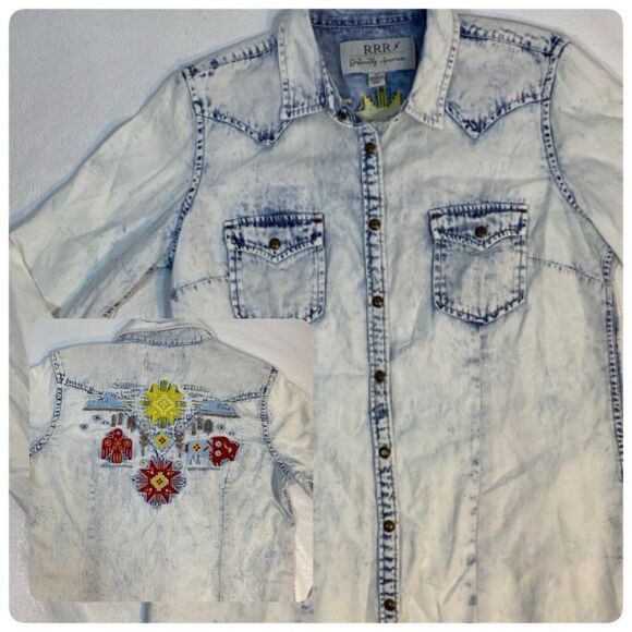 RRR Tops - RRR Shirt sz M Acid Wash Southwestern Embroidered